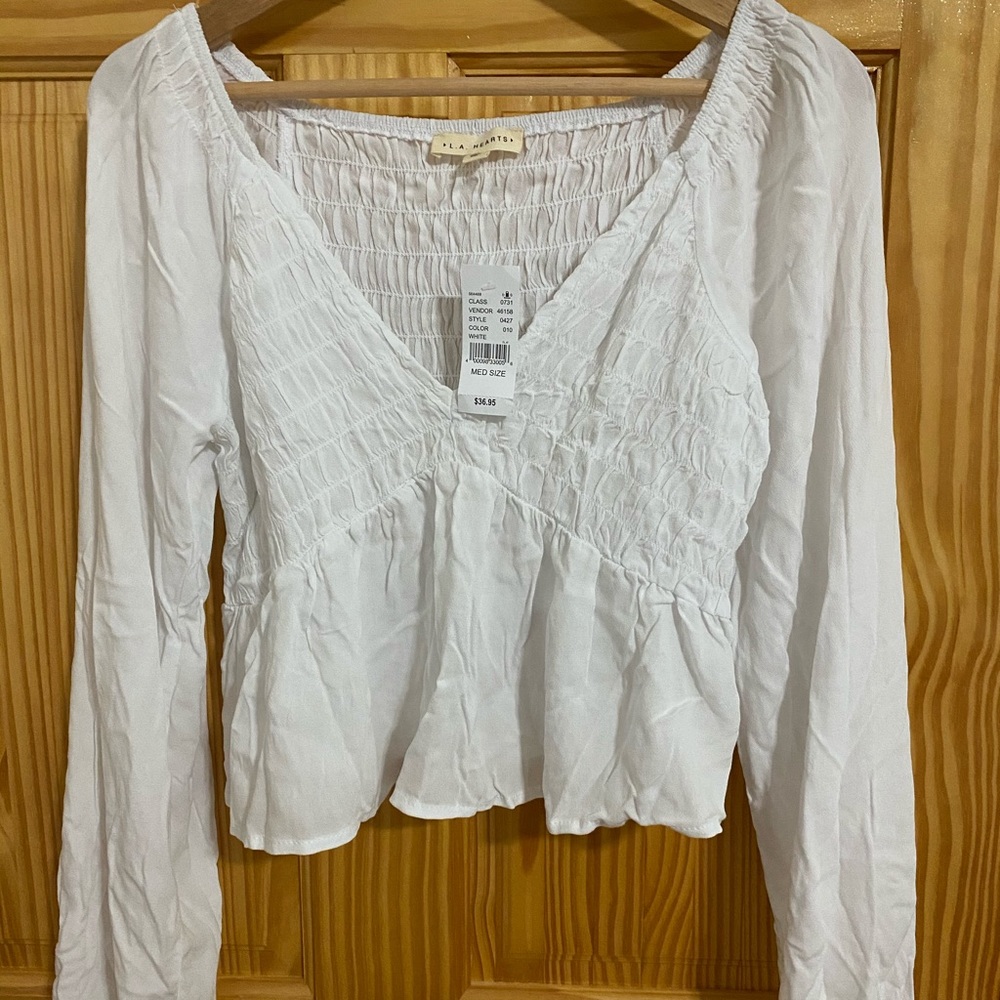 LA Hearts Long Sleeve Smocked V-neck Babydoll Top